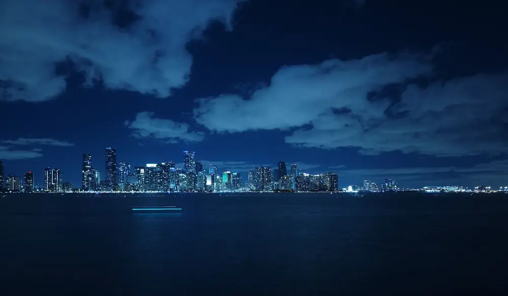 A city skyline reflected in water at night