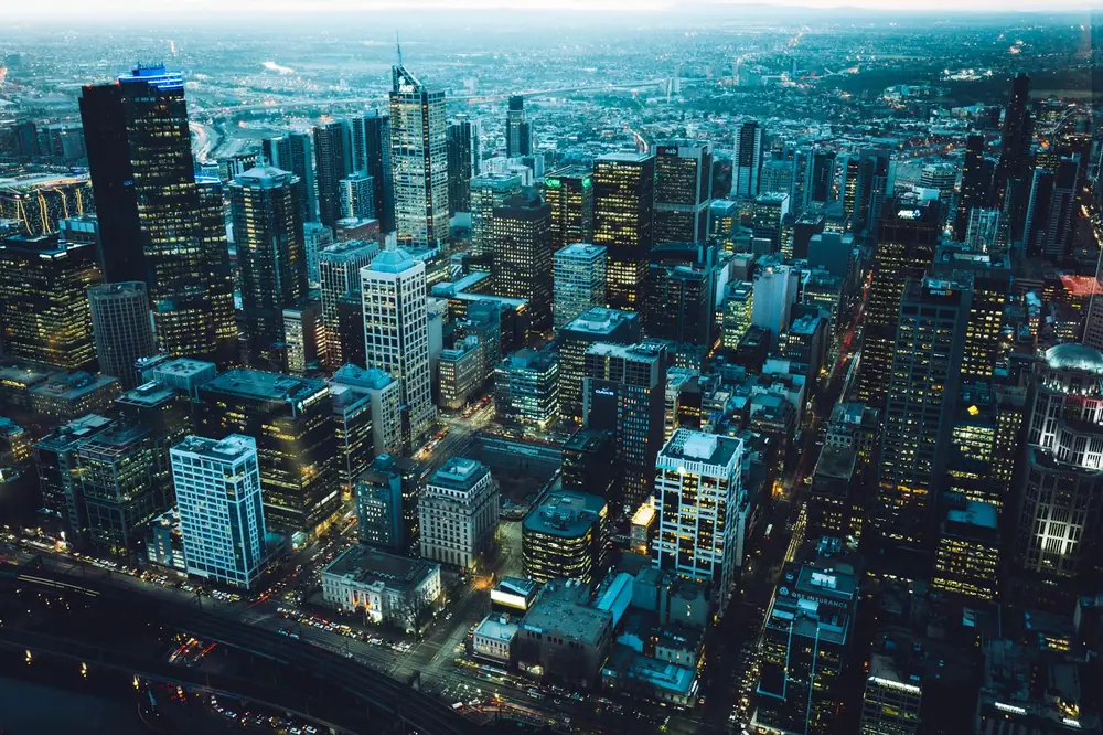 Aerial view of a city grid lit up at night